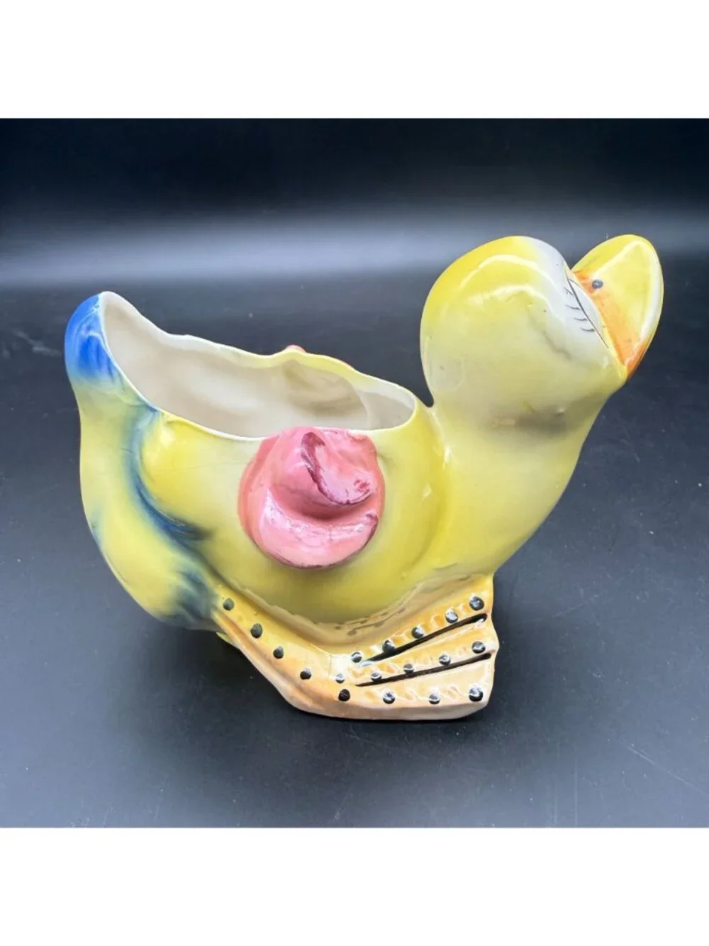Vintage Duck Planter Ceramic Pottery Big Side Eyes Kitsch Nursery Decor Yellow